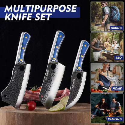 3PCS Butcher Knife Set, Hand Forged kitchen Knife Set-Heavy Duty Bone Chopper & Meat Cleaver & Viking Chef Knife Set for Home, Outdoor Cooking, Camping BBQ