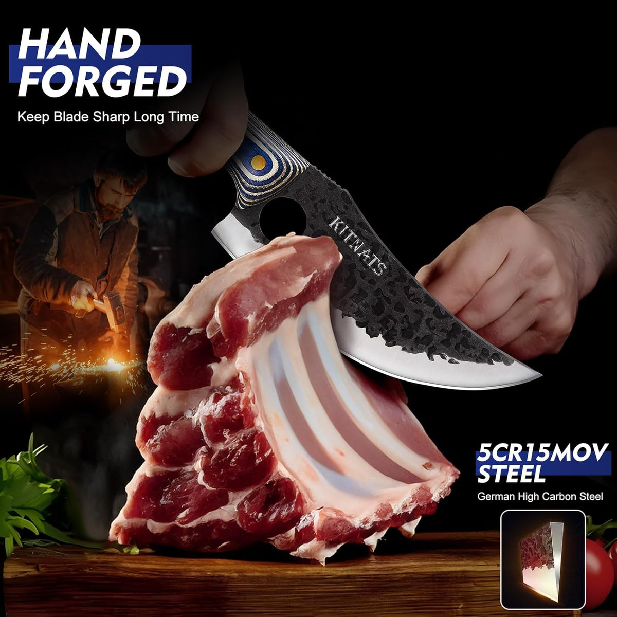 3PCS Butcher Knife Set, Hand Forged kitchen Knife Set-Heavy Duty Bone Chopper & Meat Cleaver & Viking Chef Knife Set for Home, Outdoor Cooking, Camping BBQ