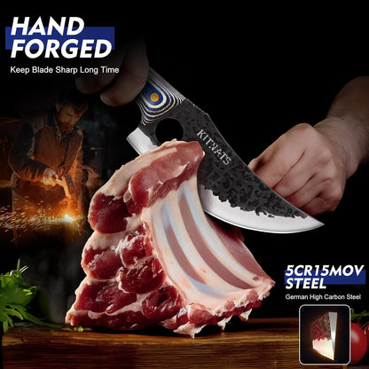 3PCS Butcher Knife Set, Hand Forged kitchen Knife Set-Heavy Duty Bone Chopper & Meat Cleaver & Viking Chef Knife Set for Home, Outdoor Cooking, Camping BBQ