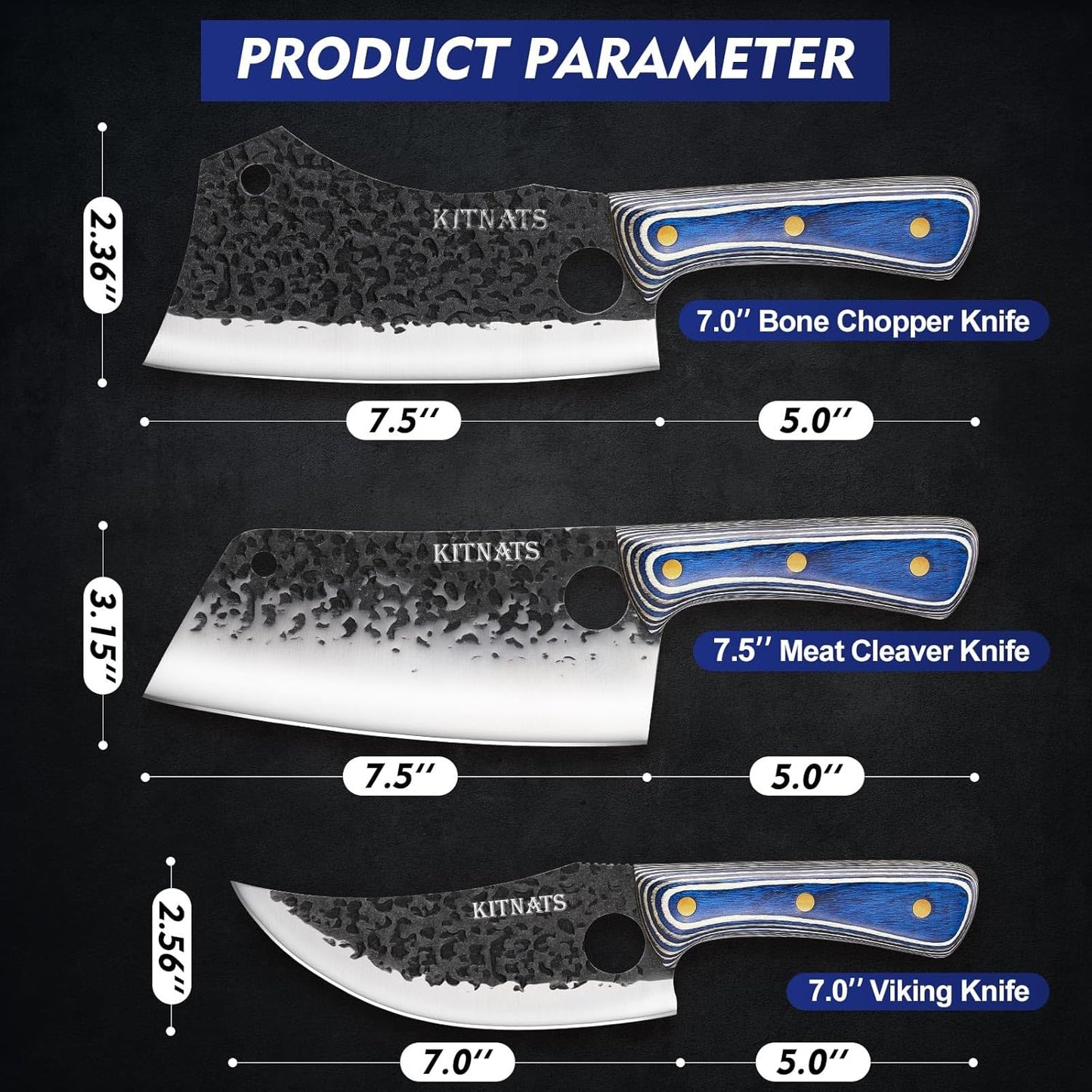 3PCS Butcher Knife Set, Hand Forged kitchen Knife Set-Heavy Duty Bone Chopper & Meat Cleaver & Viking Chef Knife Set for Home, Outdoor Cooking, Camping BBQ