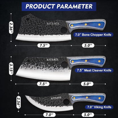 3PCS Butcher Knife Set, Hand Forged kitchen Knife Set-Heavy Duty Bone Chopper & Meat Cleaver & Viking Chef Knife Set for Home, Outdoor Cooking, Camping BBQ