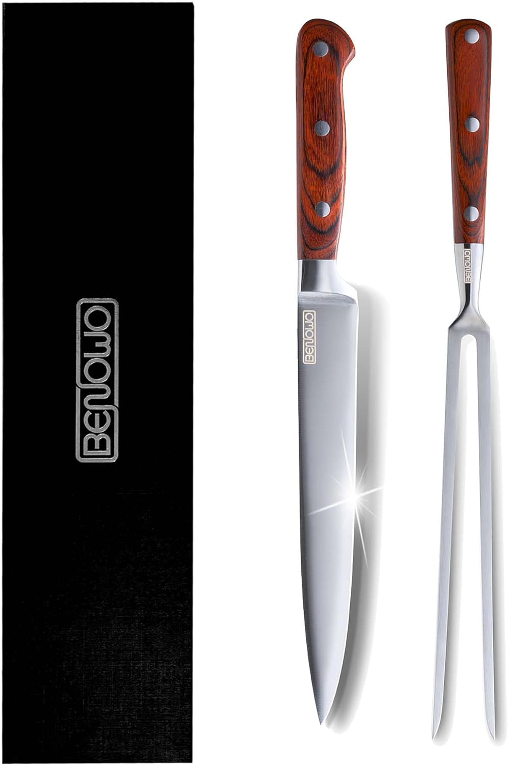 Carving Knife Set 2-Piece, 8-inch Turkey Carving Knife and Fork Set Stainless Steel Kitchen Knife for Steak, Hibachi Knife and Fork, BBQ Carving Fork with Gift Box – Designed in USA