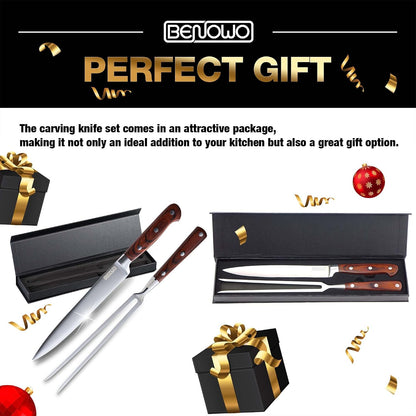 Carving Knife Set 2-Piece, 8-inch Turkey Carving Knife and Fork Set Stainless Steel Kitchen Knife for Steak, Hibachi Knife and Fork, BBQ Carving Fork with Gift Box – Designed in USA