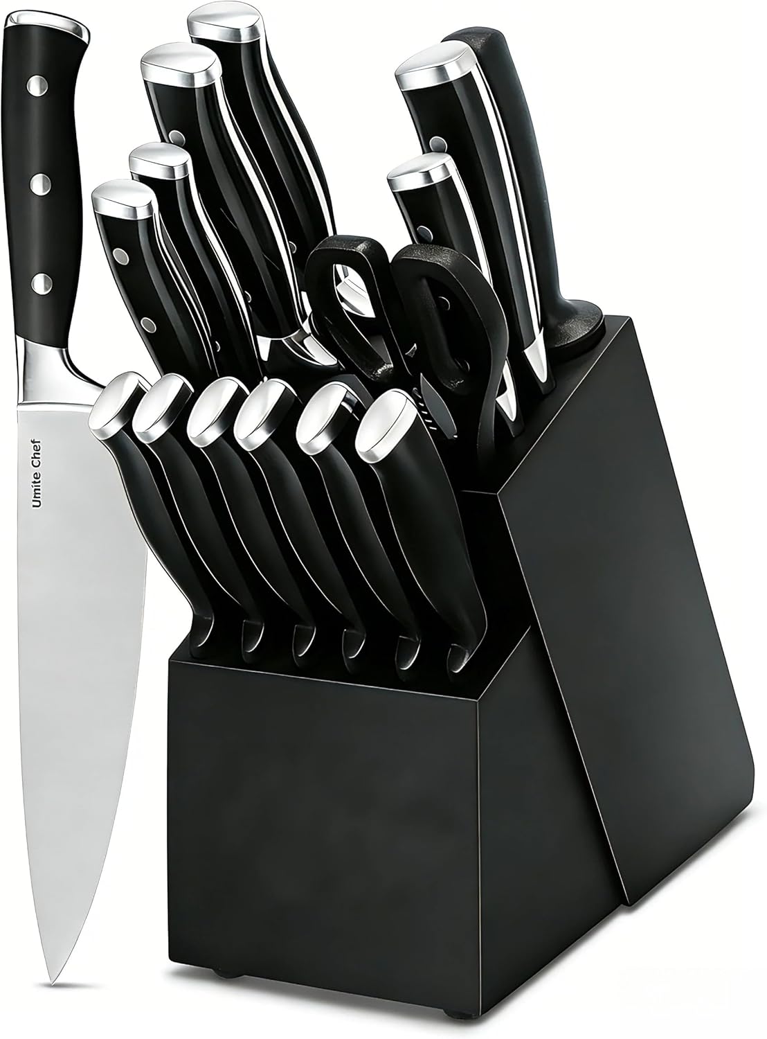 Knife Set, 15 Piece Premium Kitchen Knife Block Set, Razor-Sharp, High Carbon Stainless Steel Chef Knife, Ergonomic Forged Triple Rivet Handle, Black Sharp Knife Set for Kitchen, Dishwasher Safe