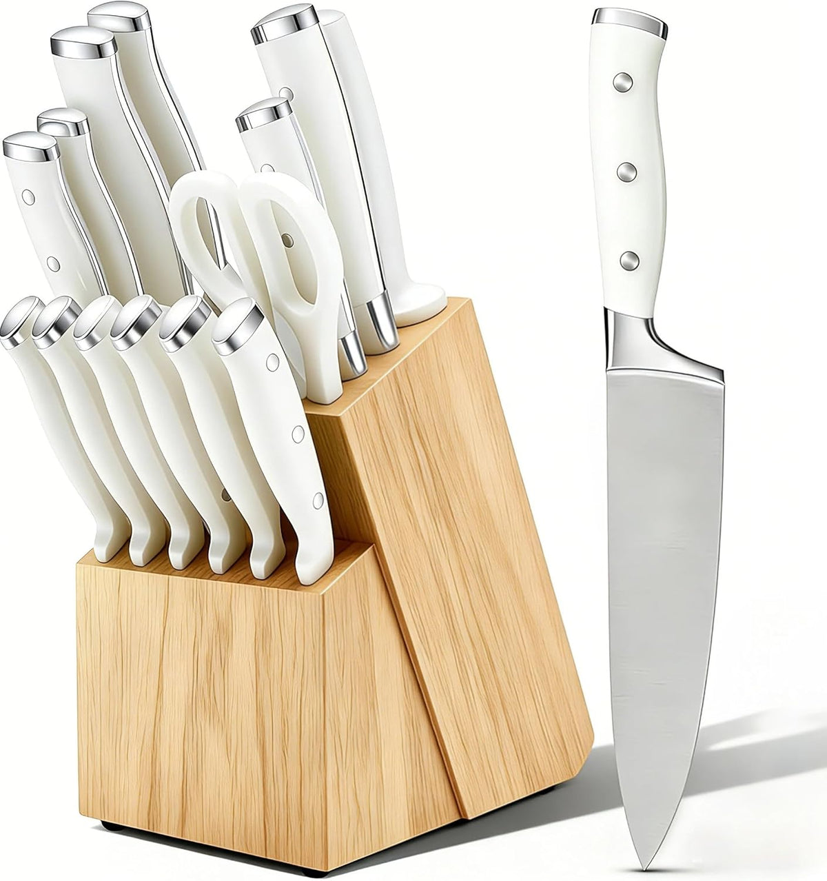 Knife Set, 15 Piece Premium Kitchen Knife Block Set, Razor-Sharp, High Carbon Stainless Steel Chef Knife, Ergonomic Forged Triple Rivet Handle, Black Sharp Knife Set for Kitchen, Dishwasher Safe