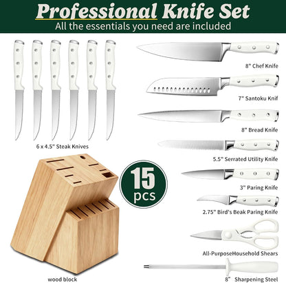Knife Set, 15 Piece Premium Kitchen Knife Block Set, Razor-Sharp, High Carbon Stainless Steel Chef Knife, Ergonomic Forged Triple Rivet Handle, Black Sharp Knife Set for Kitchen, Dishwasher Safe