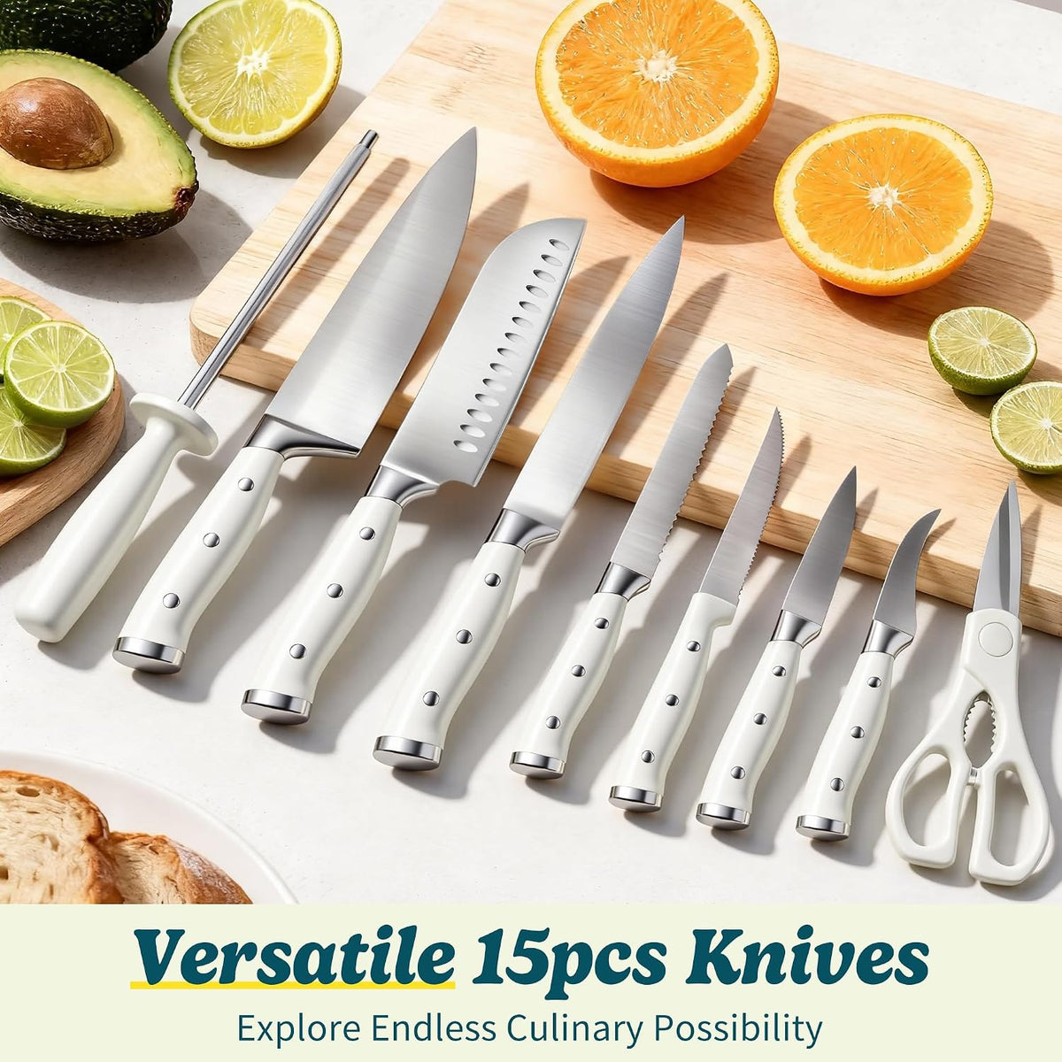 Knife Set, 15 Piece Premium Kitchen Knife Block Set, Razor-Sharp, High Carbon Stainless Steel Chef Knife, Ergonomic Forged Triple Rivet Handle, Black Sharp Knife Set for Kitchen, Dishwasher Safe