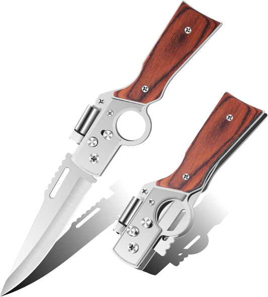 AK47 Style Tactical Folding Pocket Knife – EDC Gift for Men with LED Light, Wood Handle & Pocket Clip, Laser Engraving Ready, Outdoor Camping Hiking Gear (1)