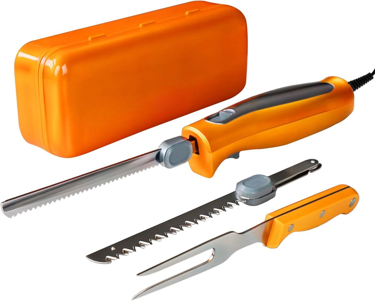 Electric Knife, Electric Carving Knife Set with Two Serrated Stainless Steel Blades, Carving Fork, with Non Slip Handle, Safety Lock and Storage Case for Meat, Bread Fish,Other and Foods.
