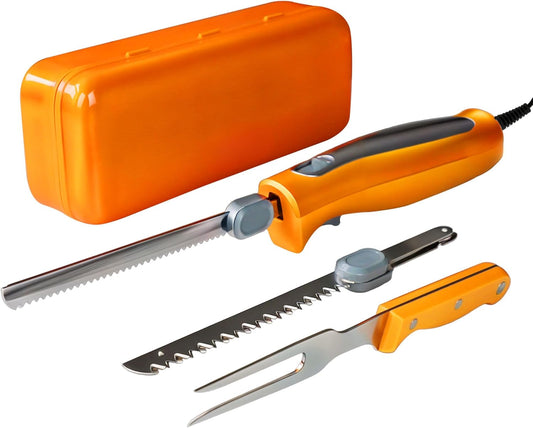 Electric Knife, Electric Carving Knife Set with Two Serrated Stainless Steel Blades, Carving Fork, with Non Slip Handle, Safety Lock and Storage Case for Meat, Bread Fish,Other and Foods.