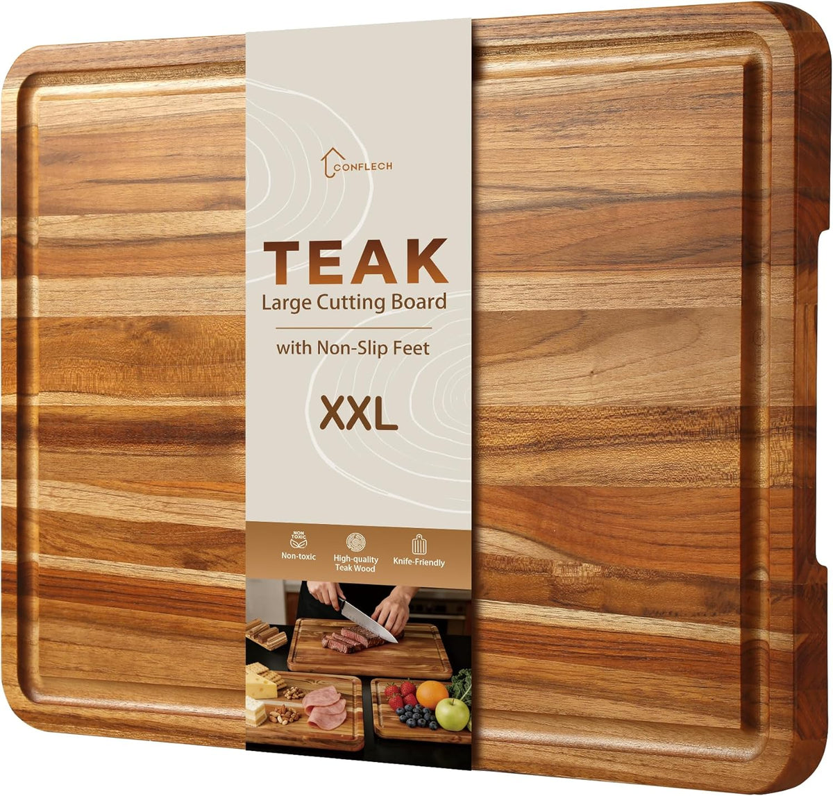 3 Pack Teak Cutting Board Set for Kitchen Wood Charcuterie Board with Juice Groove Wooden Cutting Boards Non Toxic Heavy Duty Slip Over Sink Solid Thick Chopping Board FSC
