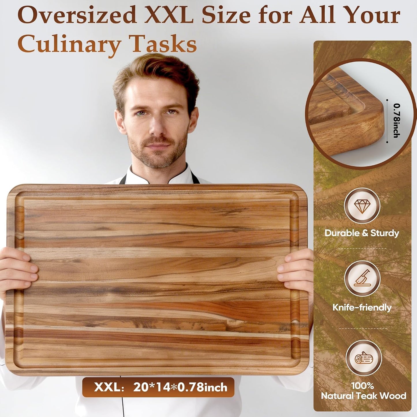 3 Pack Teak Cutting Board Set for Kitchen Wood Charcuterie Board with Juice Groove Wooden Cutting Boards Non Toxic Heavy Duty Slip Over Sink Solid Thick Chopping Board FSC