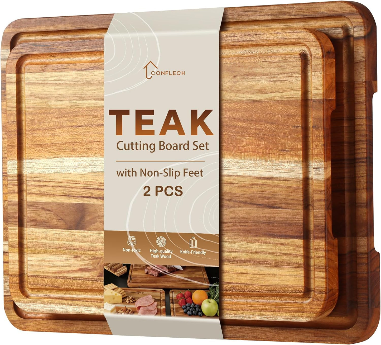 3 Pack Teak Cutting Board Set for Kitchen Wood Charcuterie Board with Juice Groove Wooden Cutting Boards Non Toxic Heavy Duty Slip Over Sink Solid Thick Chopping Board FSC