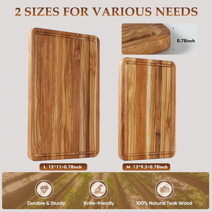 3 Pack Teak Cutting Board Set for Kitchen Wood Charcuterie Board with Juice Groove Wooden Cutting Boards Non Toxic Heavy Duty Slip Over Sink Solid Thick Chopping Board FSC