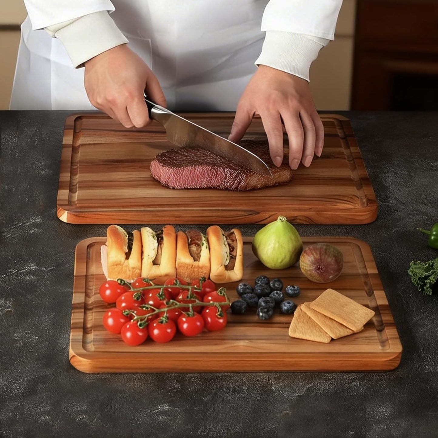 3 Pack Teak Cutting Board Set for Kitchen Wood Charcuterie Board with Juice Groove Wooden Cutting Boards Non Toxic Heavy Duty Slip Over Sink Solid Thick Chopping Board FSC