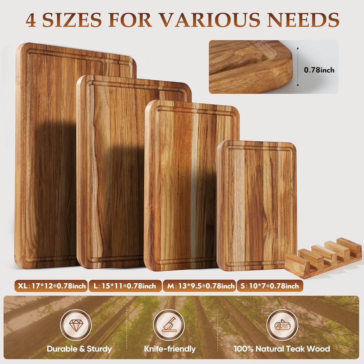3 Pack Teak Cutting Board Set for Kitchen Wood Charcuterie Board with Juice Groove Wooden Cutting Boards Non Toxic Heavy Duty Slip Over Sink Solid Thick Chopping Board FSC
