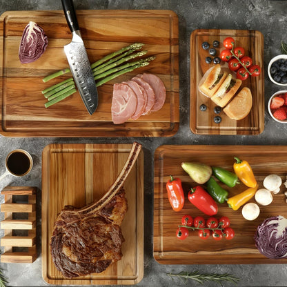 3 Pack Teak Cutting Board Set for Kitchen Wood Charcuterie Board with Juice Groove Wooden Cutting Boards Non Toxic Heavy Duty Slip Over Sink Solid Thick Chopping Board FSC