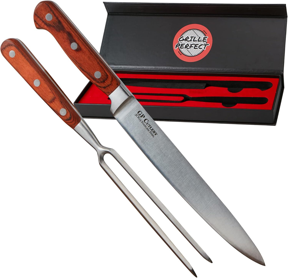 Meat Carving Knife Set with Fork, Kitchen Tool for Turkey, Ham, Pork, Full Tang Stainless Steel, Hardwood Handle and Gift Storage Box