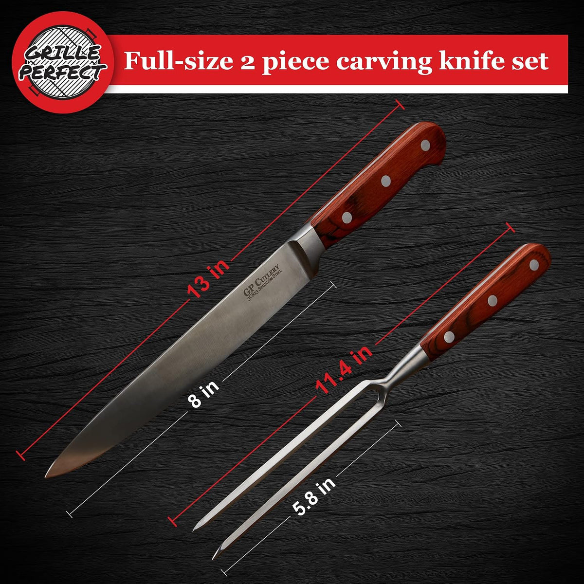 Meat Carving Knife Set with Fork, Kitchen Tool for Turkey, Ham, Pork, Full Tang Stainless Steel, Hardwood Handle and Gift Storage Box