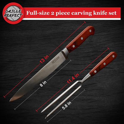 Meat Carving Knife Set with Fork, Kitchen Tool for Turkey, Ham, Pork, Full Tang Stainless Steel, Hardwood Handle and Gift Storage Box