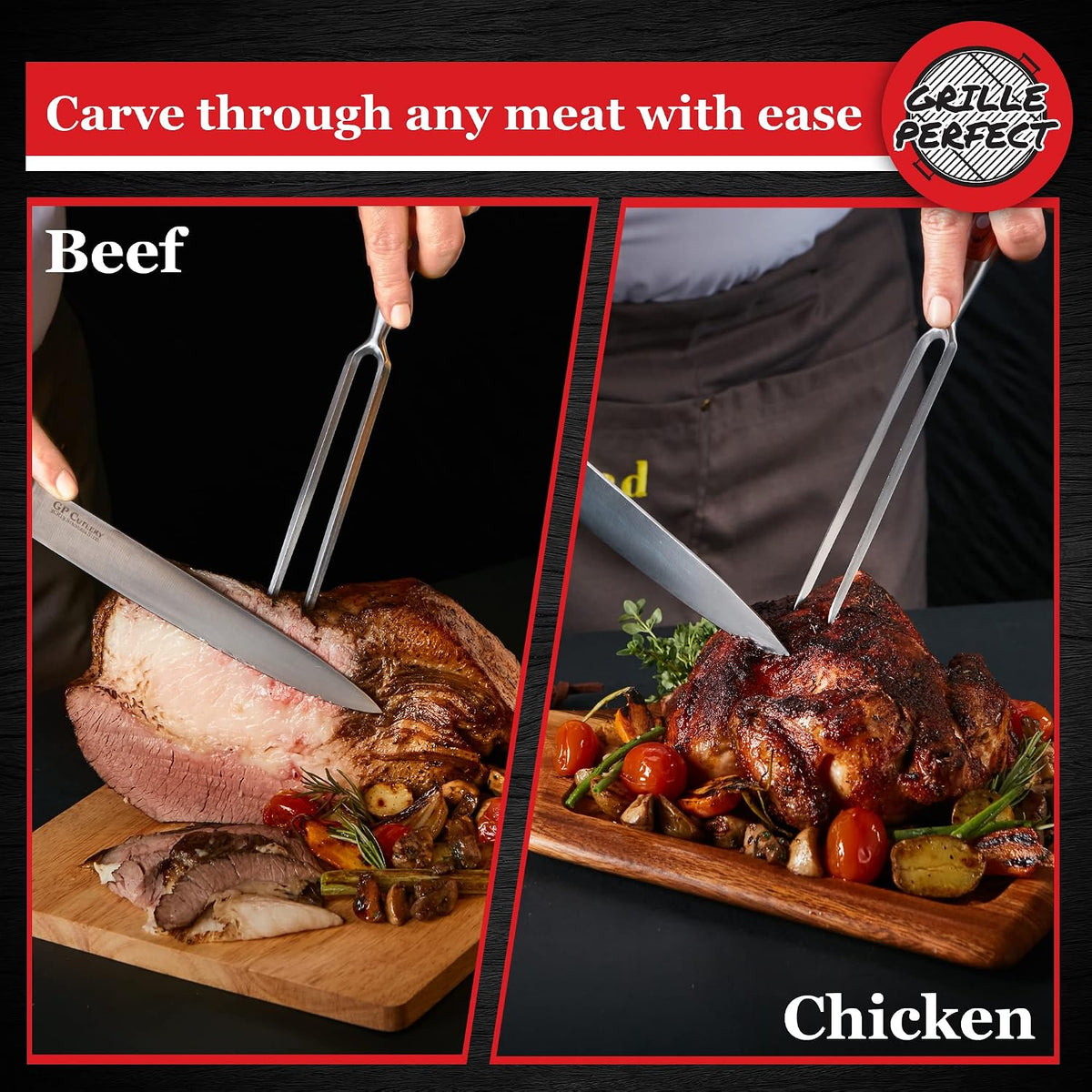 Meat Carving Knife Set with Fork, Kitchen Tool for Turkey, Ham, Pork, Full Tang Stainless Steel, Hardwood Handle and Gift Storage Box
