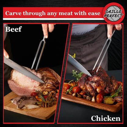 Meat Carving Knife Set with Fork, Kitchen Tool for Turkey, Ham, Pork, Full Tang Stainless Steel, Hardwood Handle and Gift Storage Box