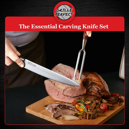 Meat Carving Knife Set with Fork, Kitchen Tool for Turkey, Ham, Pork, Full Tang Stainless Steel, Hardwood Handle and Gift Storage Box