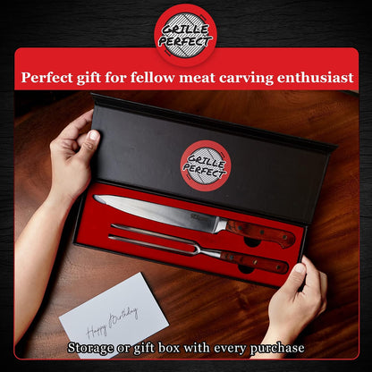 Meat Carving Knife Set with Fork, Kitchen Tool for Turkey, Ham, Pork, Full Tang Stainless Steel, Hardwood Handle and Gift Storage Box