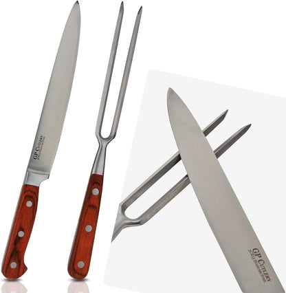 Meat Carving Knife Set with Fork, Kitchen Tool for Turkey, Ham, Pork, Full Tang Stainless Steel, Hardwood Handle and Gift Storage Box