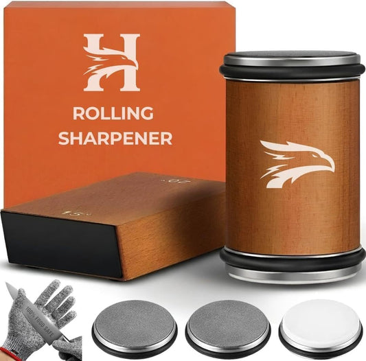 High Carbon Stainless Steel Rolling Knife Sharpener with 400, 1000 & 3000 Replacement Discs - Blunt Knife Sharpening Kit with 15 and 20 Degree Sharpening for Kitchen & Chef's Knives
