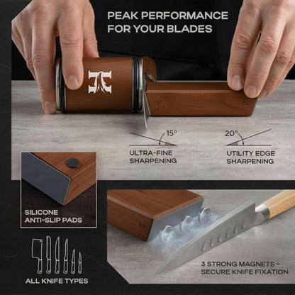 High Carbon Stainless Steel Rolling Knife Sharpener with 400, 1000 & 3000 Replacement Discs - Blunt Knife Sharpening Kit with 15 and 20 Degree Sharpening for Kitchen & Chef's Knives