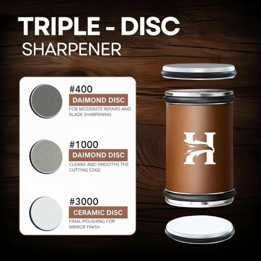 High Carbon Stainless Steel Rolling Knife Sharpener with 400, 1000 & 3000 Replacement Discs - Blunt Knife Sharpening Kit with 15 and 20 Degree Sharpening for Kitchen & Chef's Knives