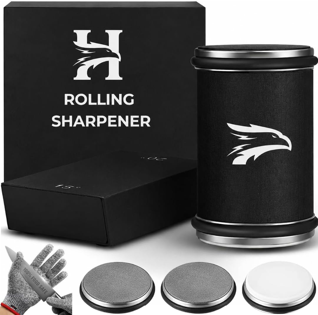High Carbon Stainless Steel Rolling Knife Sharpener with 400, 1000 & 3000 Replacement Discs - Blunt Knife Sharpening Kit with 15 and 20 Degree Sharpening for Kitchen & Chef's Knives