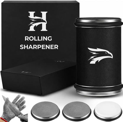 High Carbon Stainless Steel Rolling Knife Sharpener with 400, 1000 & 3000 Replacement Discs - Blunt Knife Sharpening Kit with 15 and 20 Degree Sharpening for Kitchen & Chef's Knives