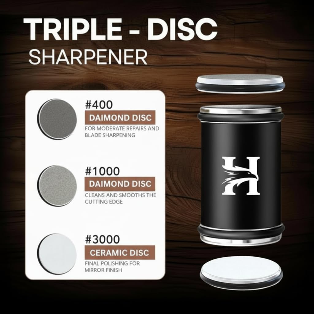 High Carbon Stainless Steel Rolling Knife Sharpener with 400, 1000 & 3000 Replacement Discs - Blunt Knife Sharpening Kit with 15 and 20 Degree Sharpening for Kitchen & Chef's Knives