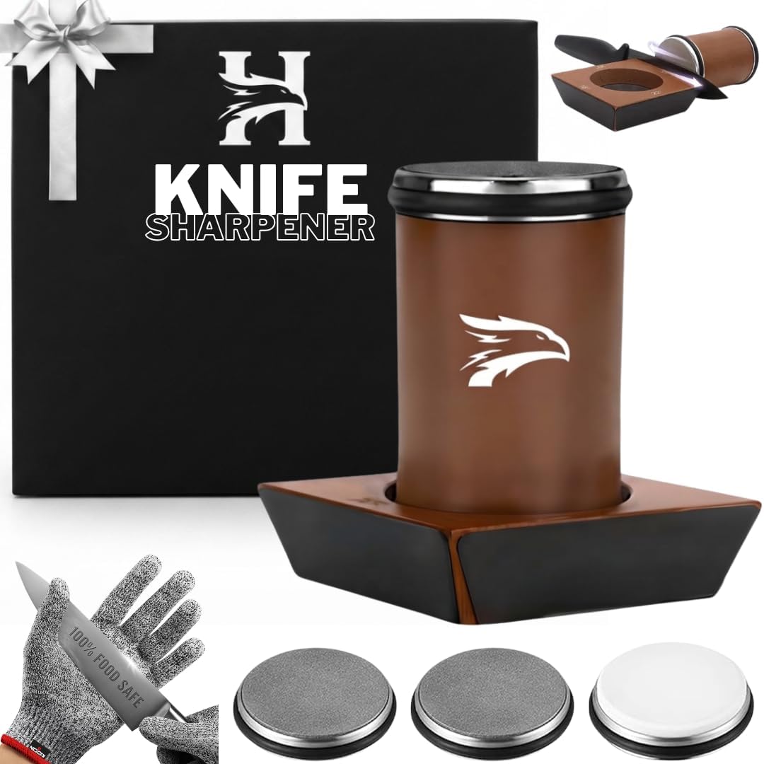 High Carbon Stainless Steel Rolling Knife Sharpener with 400, 1000 & 3000 Replacement Discs - Blunt Knife Sharpening Kit with 15 and 20 Degree Sharpening for Kitchen & Chef's Knives