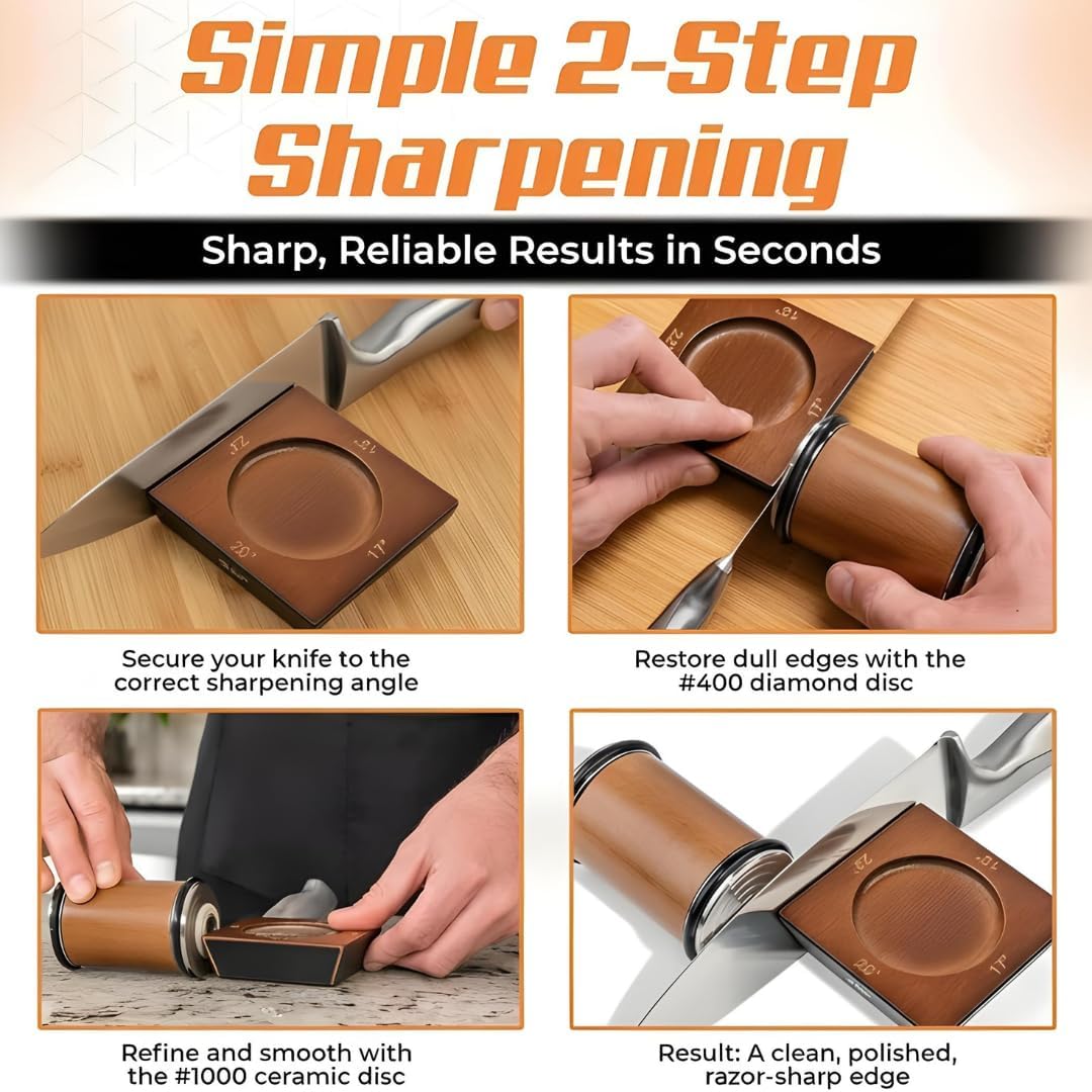 High Carbon Stainless Steel Rolling Knife Sharpener with 400, 1000 & 3000 Replacement Discs - Blunt Knife Sharpening Kit with 15 and 20 Degree Sharpening for Kitchen & Chef's Knives