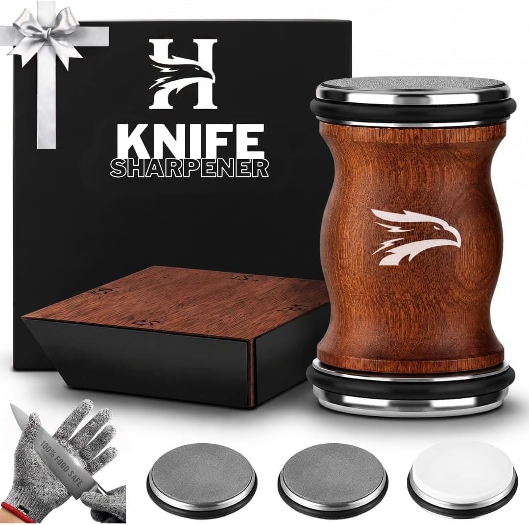 High Carbon Stainless Steel Rolling Knife Sharpener with 400, 1000 & 3000 Replacement Discs - Blunt Knife Sharpening Kit with 15 and 20 Degree Sharpening for Kitchen & Chef's Knives