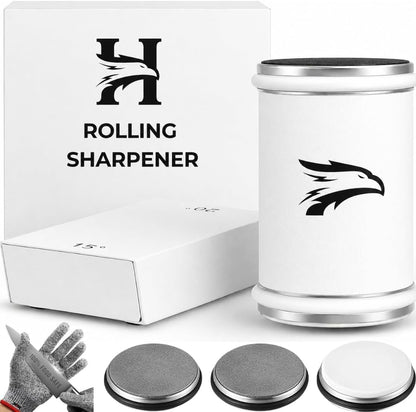 High Carbon Stainless Steel Rolling Knife Sharpener with 400, 1000 & 3000 Replacement Discs - Blunt Knife Sharpening Kit with 15 and 20 Degree Sharpening for Kitchen & Chef's Knives