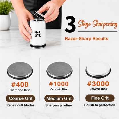 High Carbon Stainless Steel Rolling Knife Sharpener with 400, 1000 & 3000 Replacement Discs - Blunt Knife Sharpening Kit with 15 and 20 Degree Sharpening for Kitchen & Chef's Knives