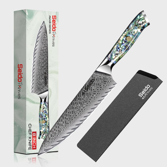 Awabi Gyuto Chef Knife 67 layers of Damascus Steel with a VG-10 Super Steel Core with Abalone Shell Resin Handle | 67-layer Damascus steel, VG-10 core, and abalone resin handle for chef slicing and prep