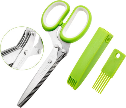 Herb Scissors, Multipurpose Sharp Kitchen Herb Cutter Shears with 5 Stainless Steel Blades, Safety Cover, Cleaning Comb, Cool Kitchen Gadgets for Cutting Fresh Garden Herbs, Dishwasher Safe