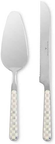 Bistro Cake Serving Set, Gray-and-White Sterling Check | Hand-applied design, made from 18/10 stainless-steel, includes server (10" L) and serrated knife (11" L), set of 2
