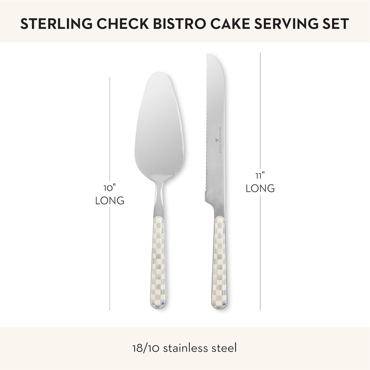 Bistro Cake Serving Set, Gray-and-White Sterling Check | Hand-applied design, made from 18/10 stainless-steel, includes server (10" L) and serrated knife (11" L), set of 2