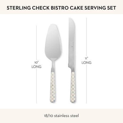 Bistro Cake Serving Set, Gray-and-White Sterling Check | Hand-applied design, made from 18/10 stainless-steel, includes server (10" L) and serrated knife (11" L), set of 2
