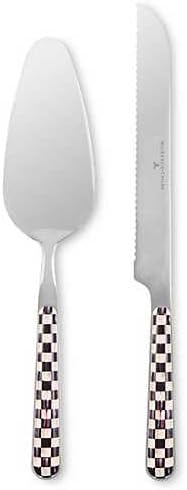 Bistro Cake Serving Set, Gray-and-White Sterling Check | Hand-applied design, made from 18/10 stainless-steel, includes server (10" L) and serrated knife (11" L), set of 2