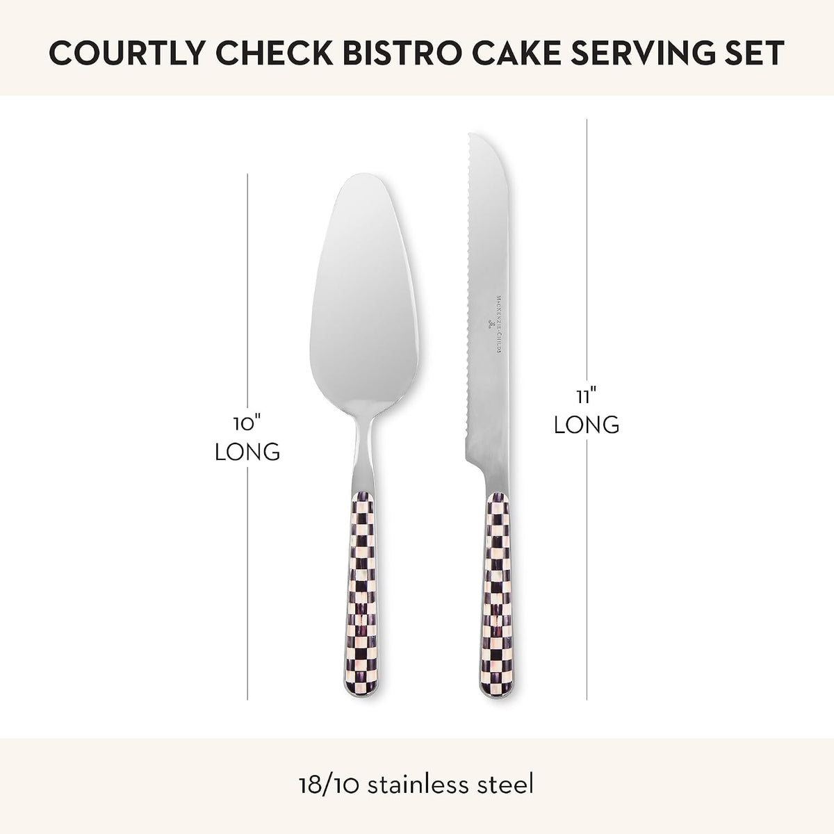 Bistro Cake Serving Set, Gray-and-White Sterling Check | Hand-applied design, made from 18/10 stainless-steel, includes server (10" L) and serrated knife (11" L), set of 2
