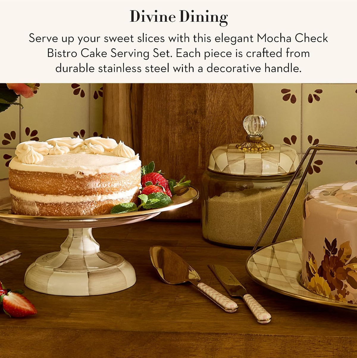 Bistro Cake Serving Set, Gray-and-White Sterling Check | Hand-applied design, made from 18/10 stainless-steel, includes server (10" L) and serrated knife (11" L), set of 2