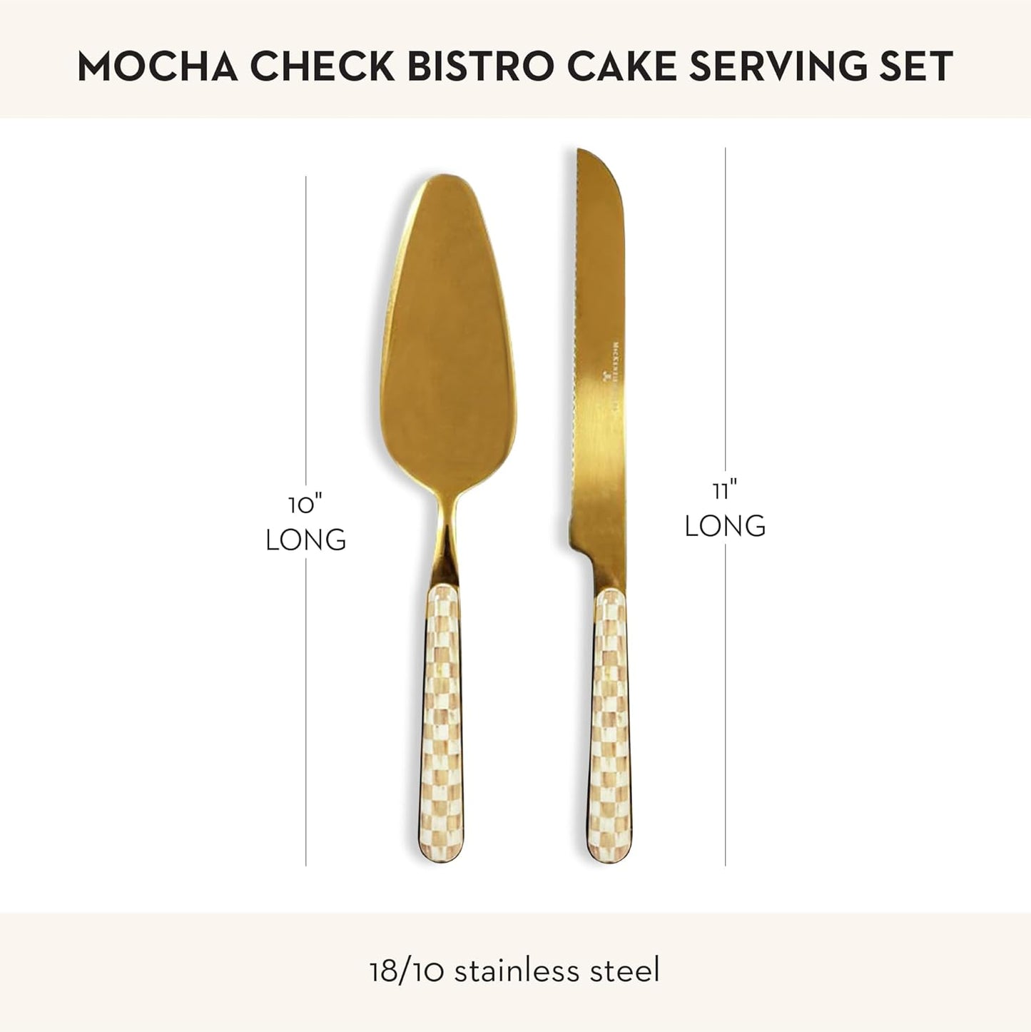 Bistro Cake Serving Set, Gray-and-White Sterling Check | Hand-applied design, made from 18/10 stainless-steel, includes server (10" L) and serrated knife (11" L), set of 2