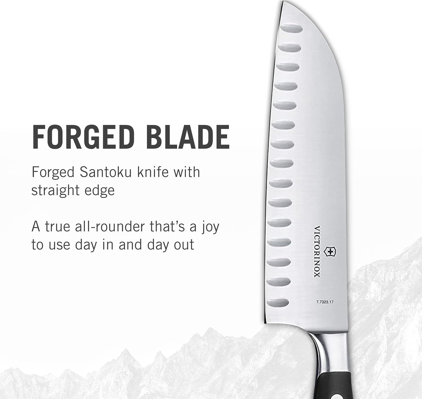 Grand Maître 7" Santoku Knife - Forged Granton Edge Prep Tool | Professional ergonomic kitchen knife with fluted blade for effortless chopping. Features a balanced forged black handle